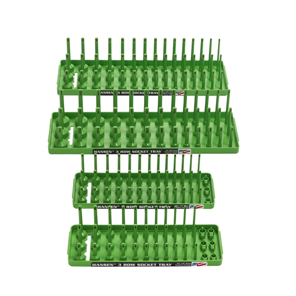 Hansen Metric and Fractional 3 Row Socket Tray Set for 1/4" and 3/8" Drive Sockets, Green, 4 Pieces 92004